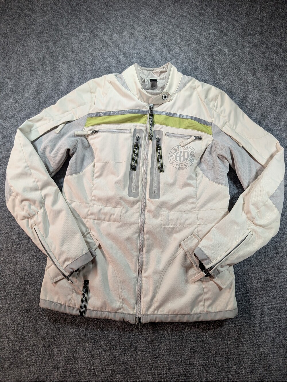 Harley Davidson Womens Small Motorcycle Jacket Vented Zippered Cream Grey
